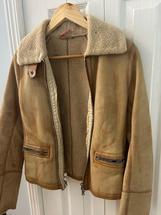 Prada Jackets & Blazers - Authentic Prada Tan Shearling-Lined Jacket with Red Logo Tab